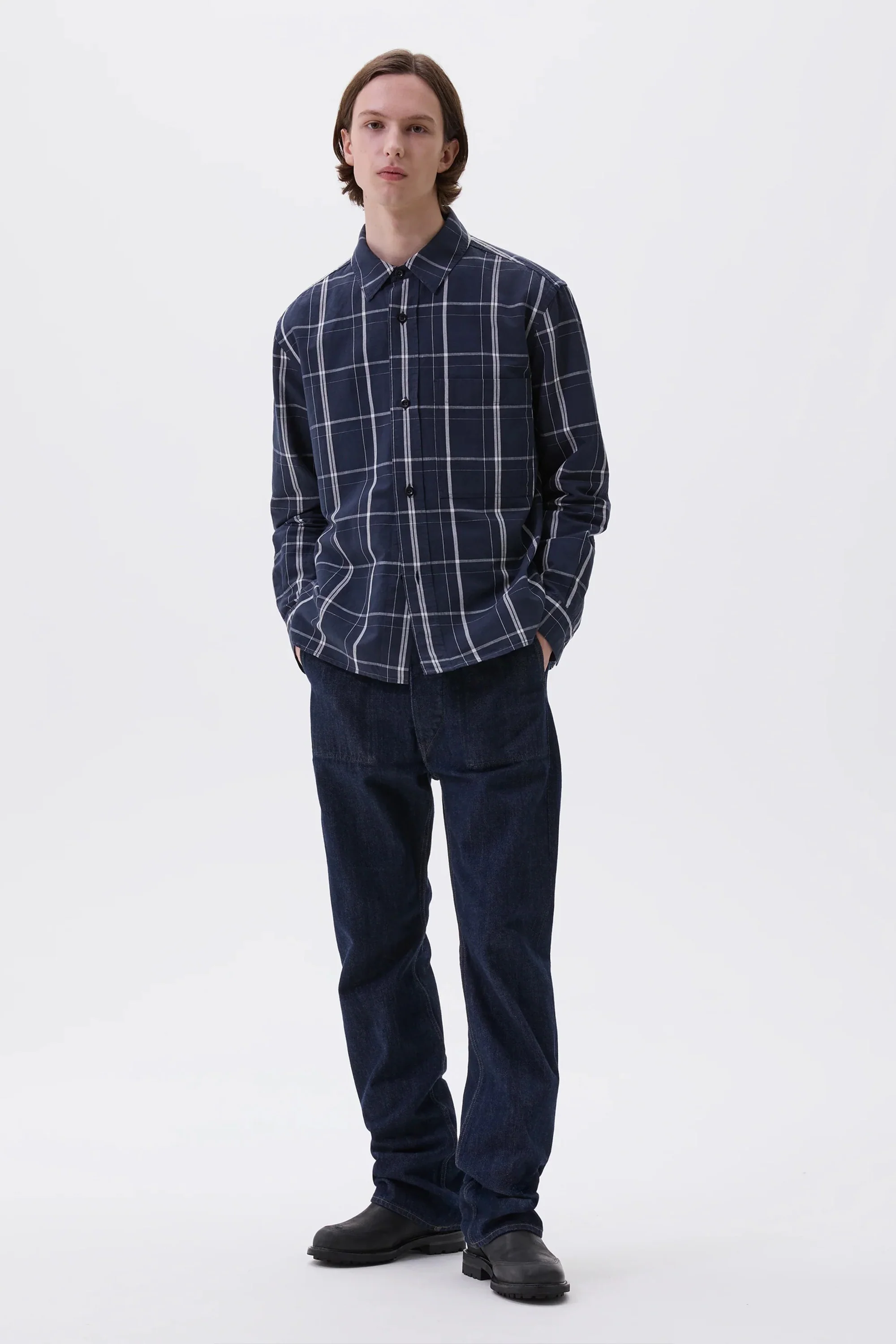 Overall Shirt Graphic Grid Check Cotton Slate Blue/ Off White - Image 3