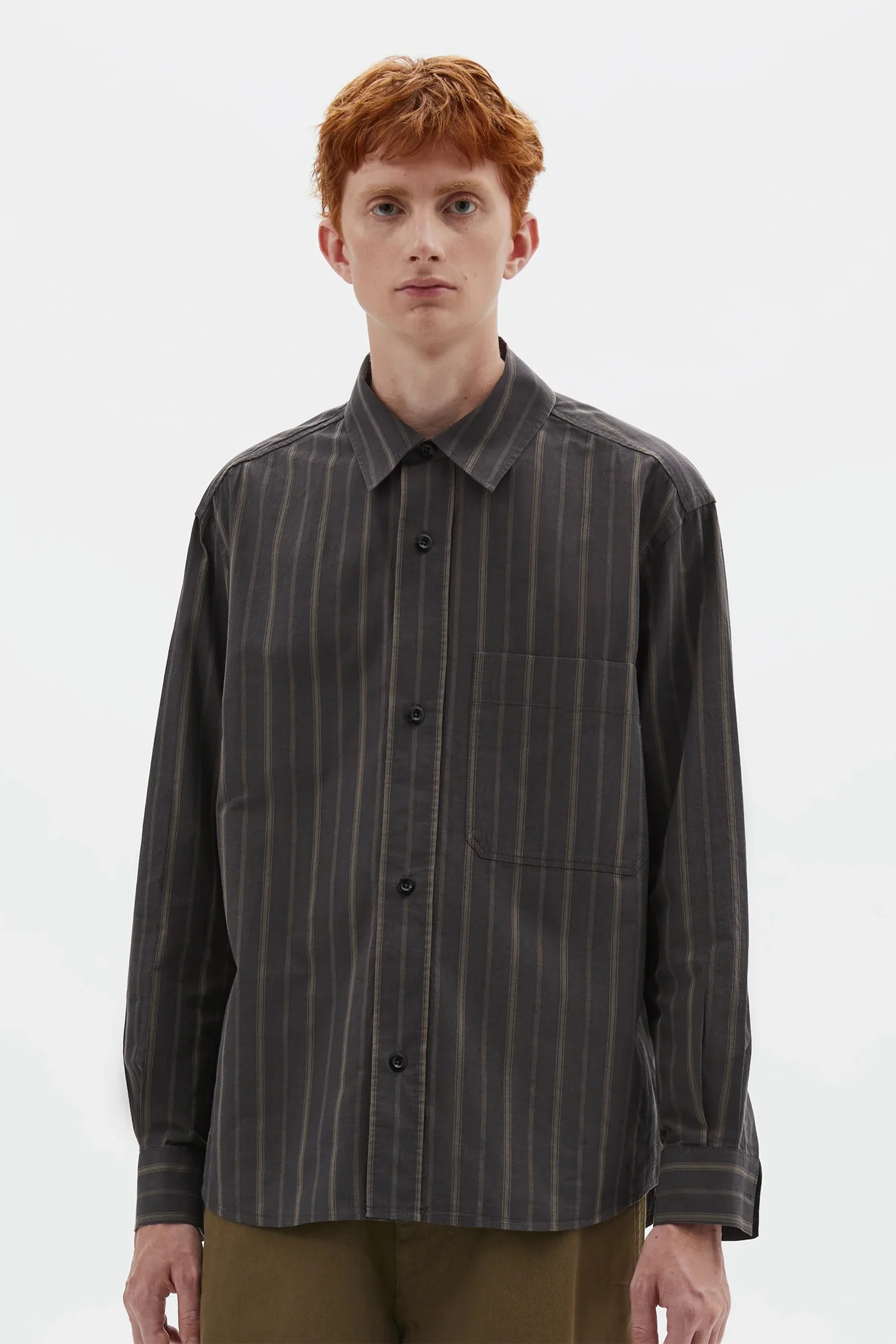 Basic Shirt Bold Stripe Cotton Off Black/ Khaki - Image 2
