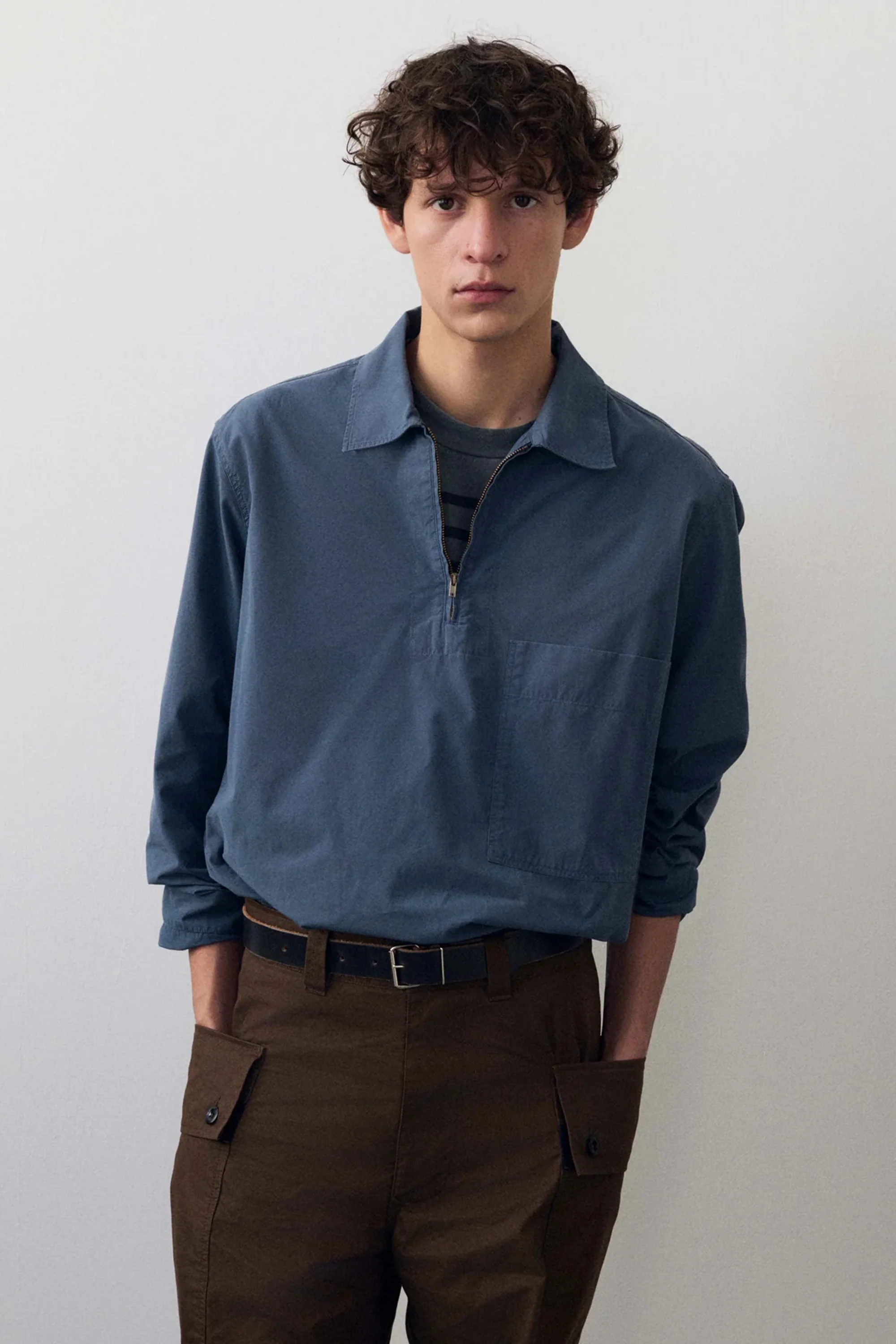 Long Sleeve Half Zip Pull On Shirt Sanded Cotton Poplin Uniform Blue