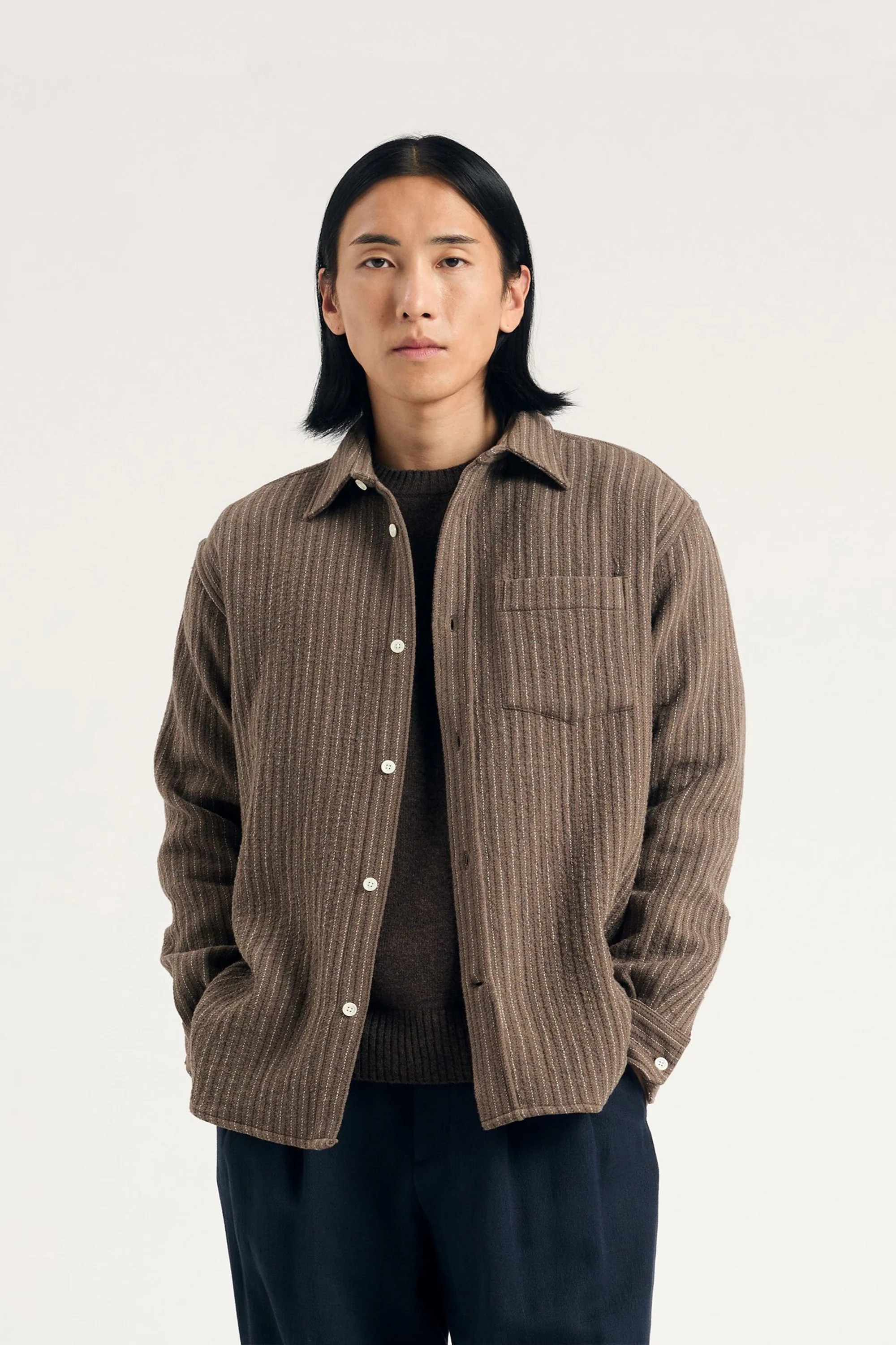 Ole Oversized Wool Stripe Shirt Seal Brown - Image 2
