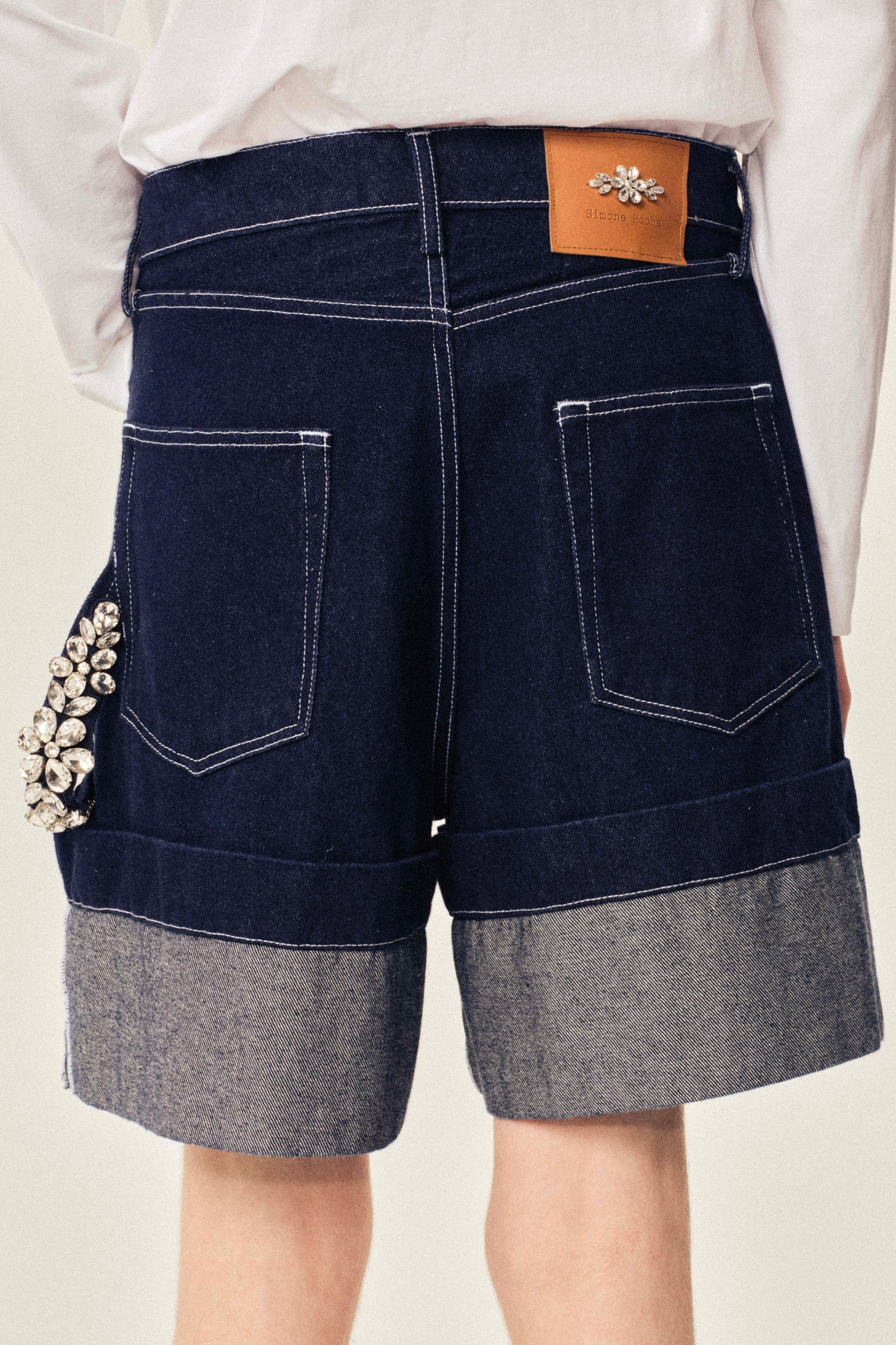 Embellished Wide Leg Puddle Denim Shorts Indigo/ Clear - Image 4