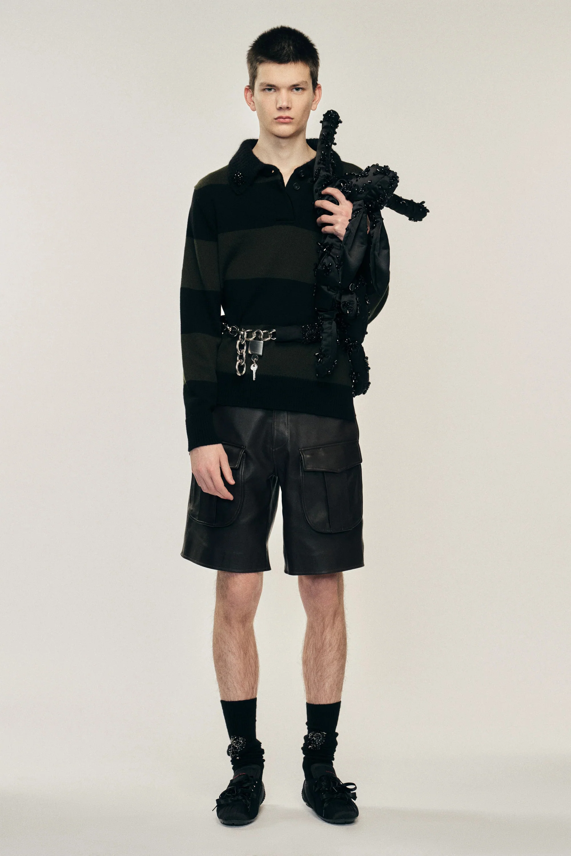 Fuzzy Collar Striped Rugby Knit Jumper W/ EMB Khaki/ Black Jet - Image 2