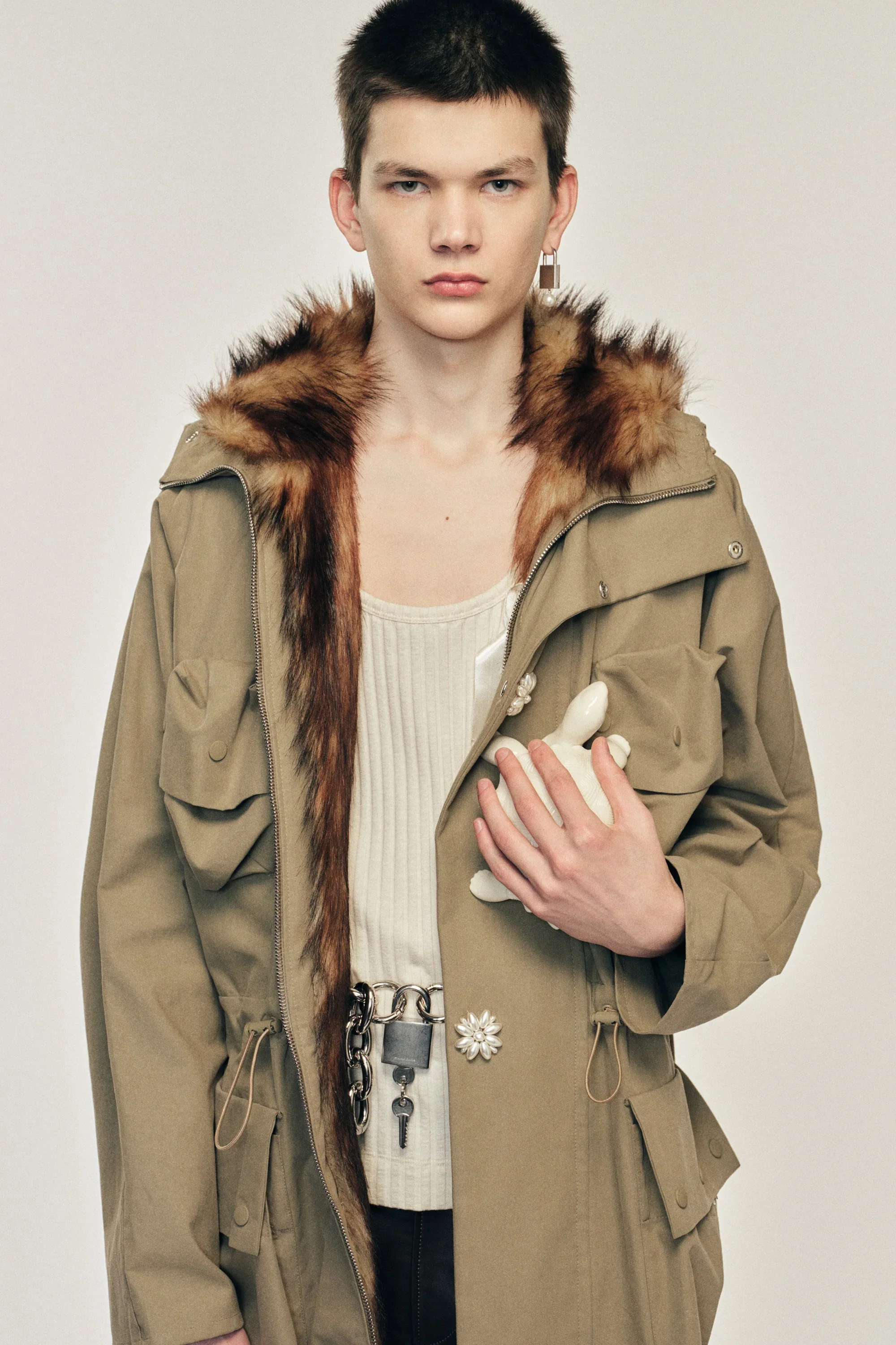 Multi Pocket Faux Fur Lined Parka Coat Stone/ Pearl - Image 4